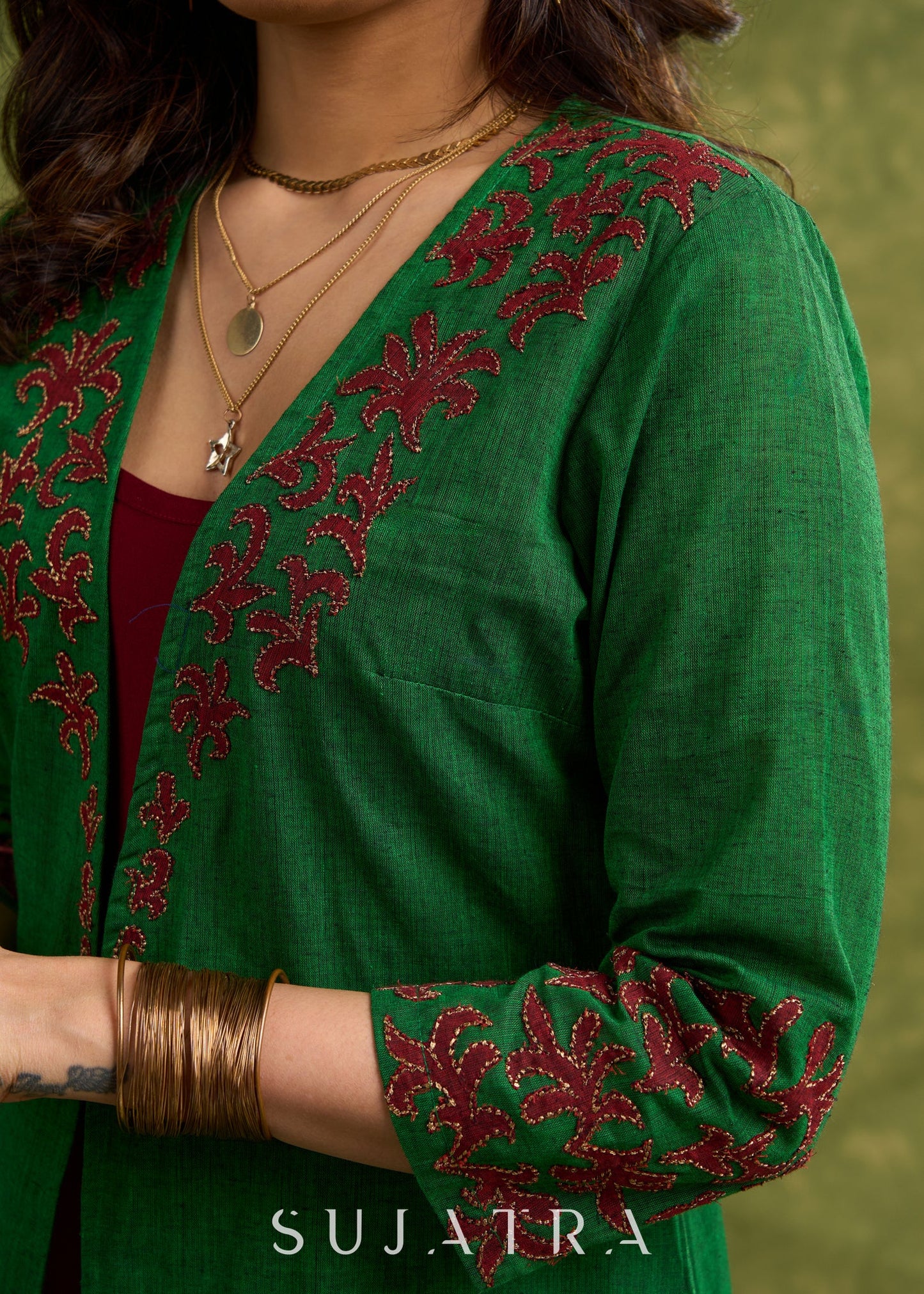 Hand Crafted Emerald Green Cotton Shrug With Vibrant Maroon Appliqué Accents   Dress Optional