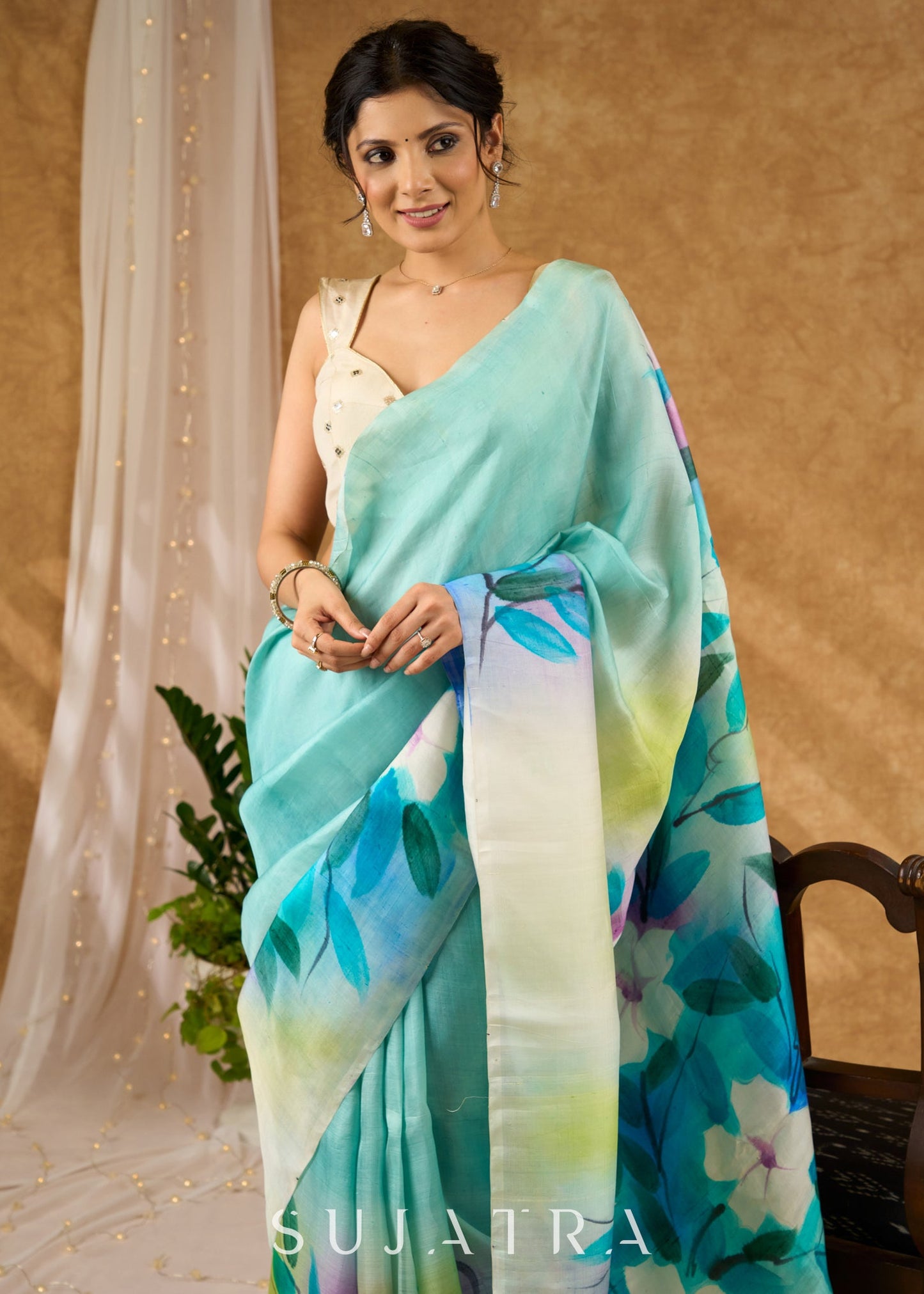 Sky Blue Hand Painted Pure Silk Saree