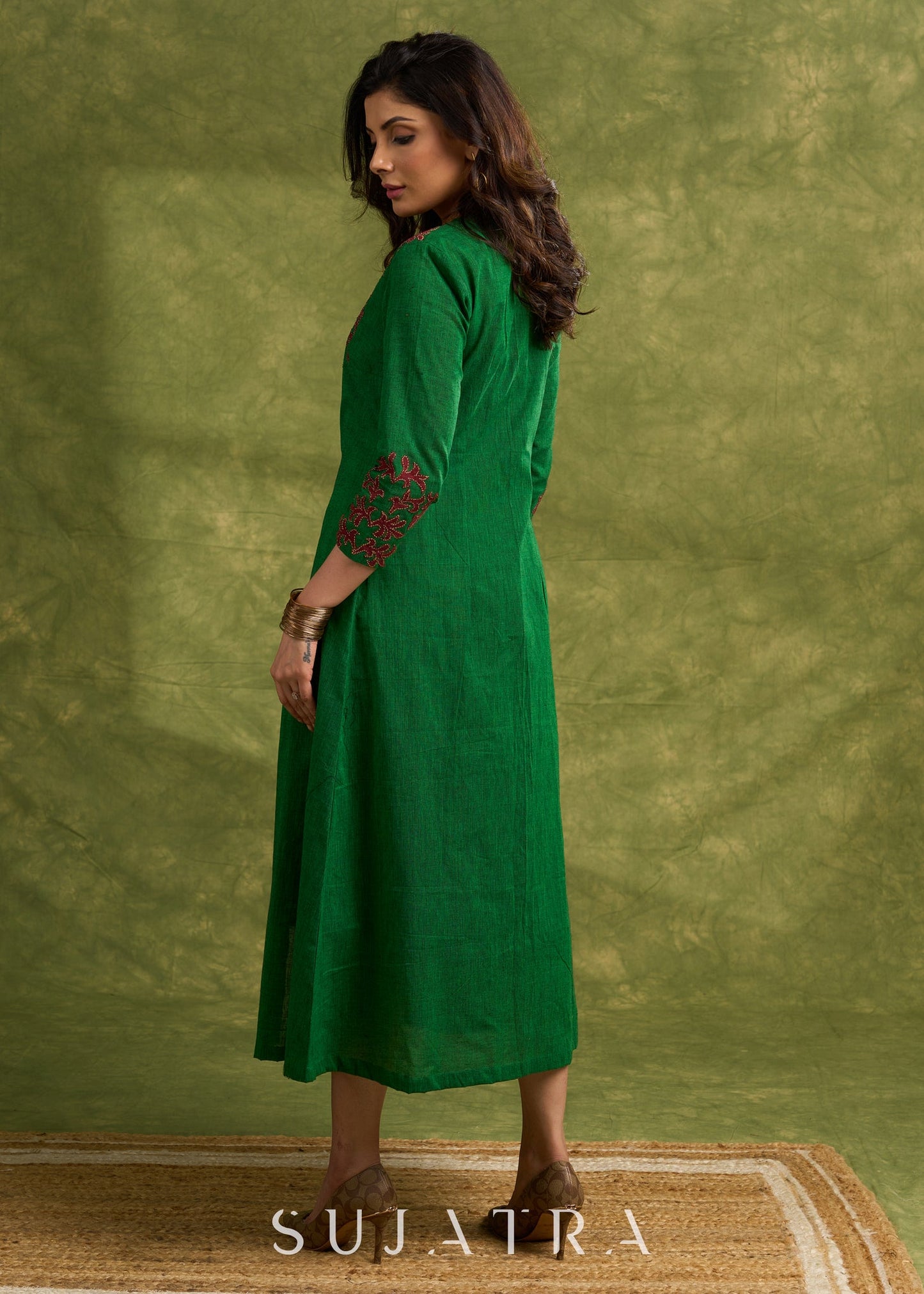 Hand Crafted Emerald Green Cotton Shrug With Vibrant Maroon Appliqué Accents   Dress Optional