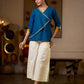 Elegant Embroidered Turquoise Blue Cotton Silk Wrap Top with Mustard Contrast Highlights