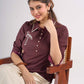 Maroon Cotton Contemporary Top with Embroidered Flamingo and Button Down Yoke