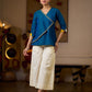 Elegant Embroidered Turquoise Blue Cotton Silk Wrap Top with Mustard Contrast Highlights
