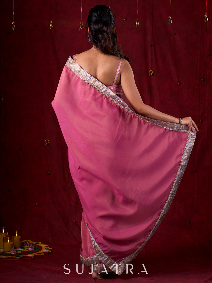 Blush Pink Tissue Saree with Grey Brocade Border & Mirror Lace Detailing