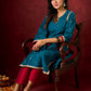 Radiant Teal Silk Kurta with Golden Self-Butta Design