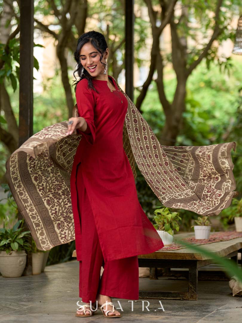 Deep Maroon Cotton Kurta with Subtle Front Button Detail