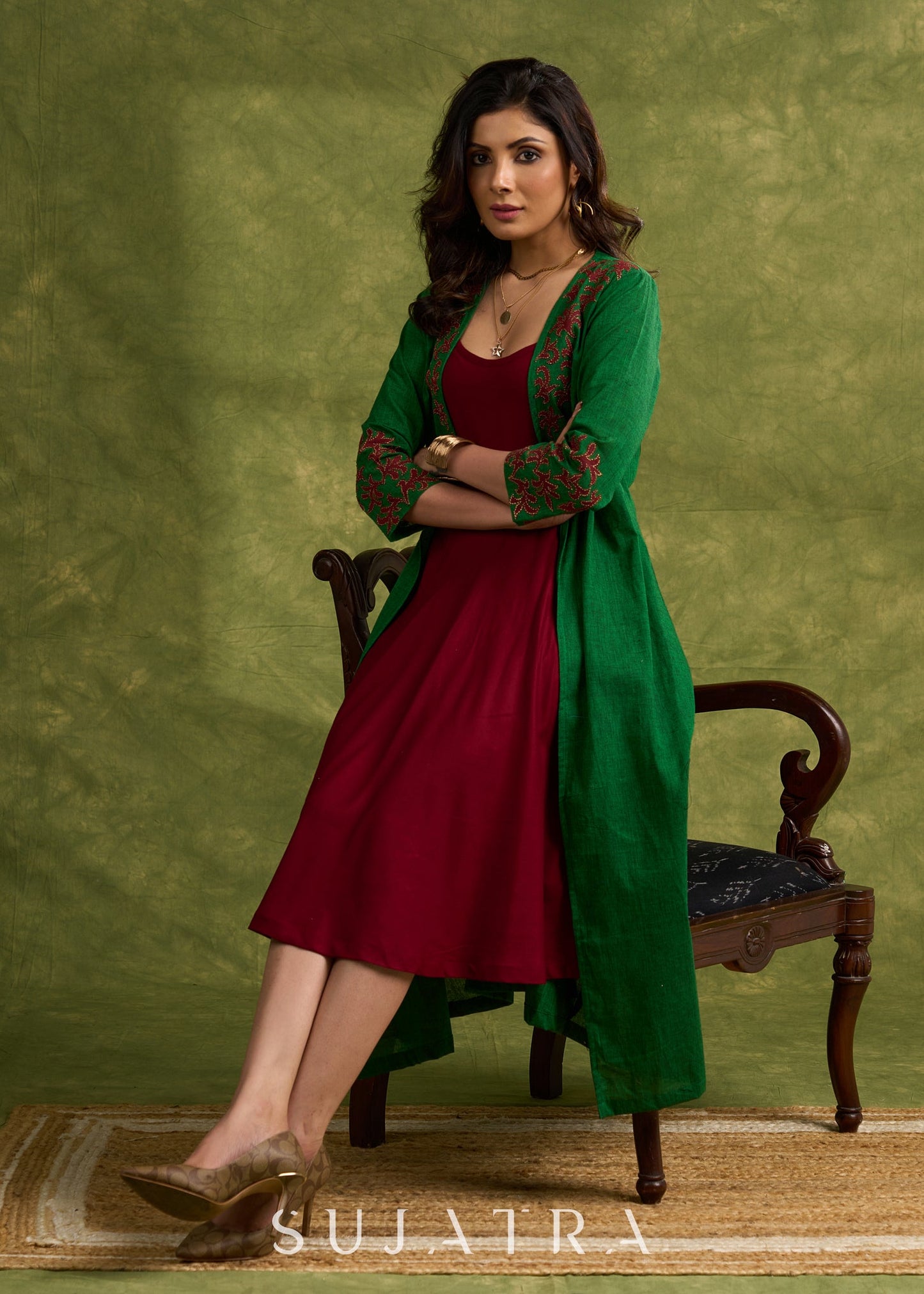 Hand Crafted Emerald Green Cotton Shrug With Vibrant Maroon Appliqué Accents   Dress Optional