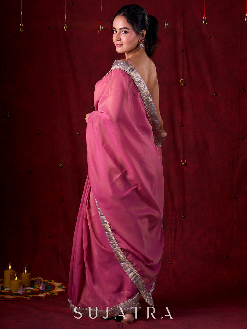 Blush Pink Tissue Saree with Grey Brocade Border & Mirror Lace Detailing