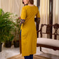 Bright Mustard Cotton Straight Kurta with Dark Blue Floral Yoke Detail