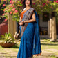 Elegant Blue Saree with Geometric Kalamkari Border and Contrasting Orange Accents