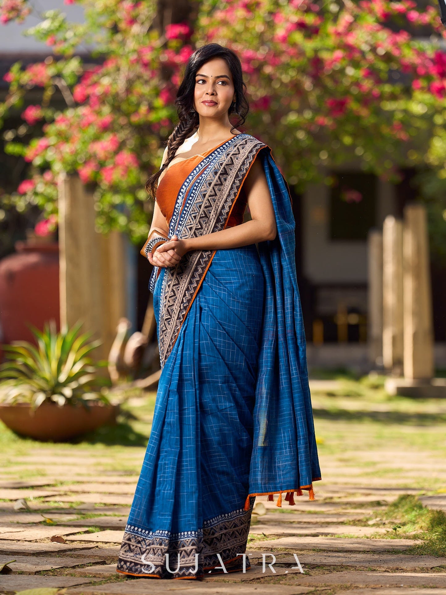 Elegant Blue Saree with Geometric Kalamkari Border and Contrasting Orange Accents