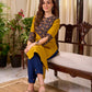 Bright Mustard Cotton Straight Kurta with Dark Blue Floral Yoke Detail