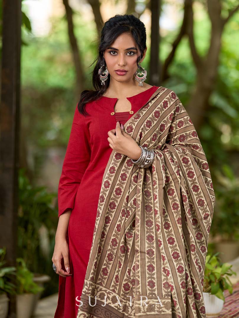 Deep Maroon Cotton Kurta with Subtle Front Button Detail