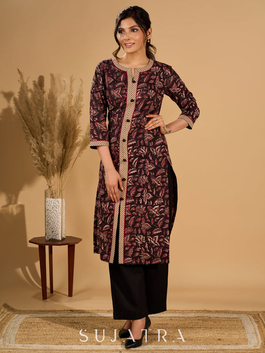 Noir Flora Mul Cotton Kurta with Contrasting Ajrakh Details