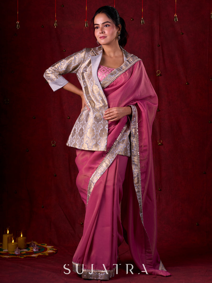 Blush Pink Tissue Saree with Grey Brocade Border & Mirror Lace Detailing