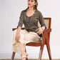 Grey Cotton Contemporary Top with Ikat Yoke, Cuffs and Kantha Stitch Detail