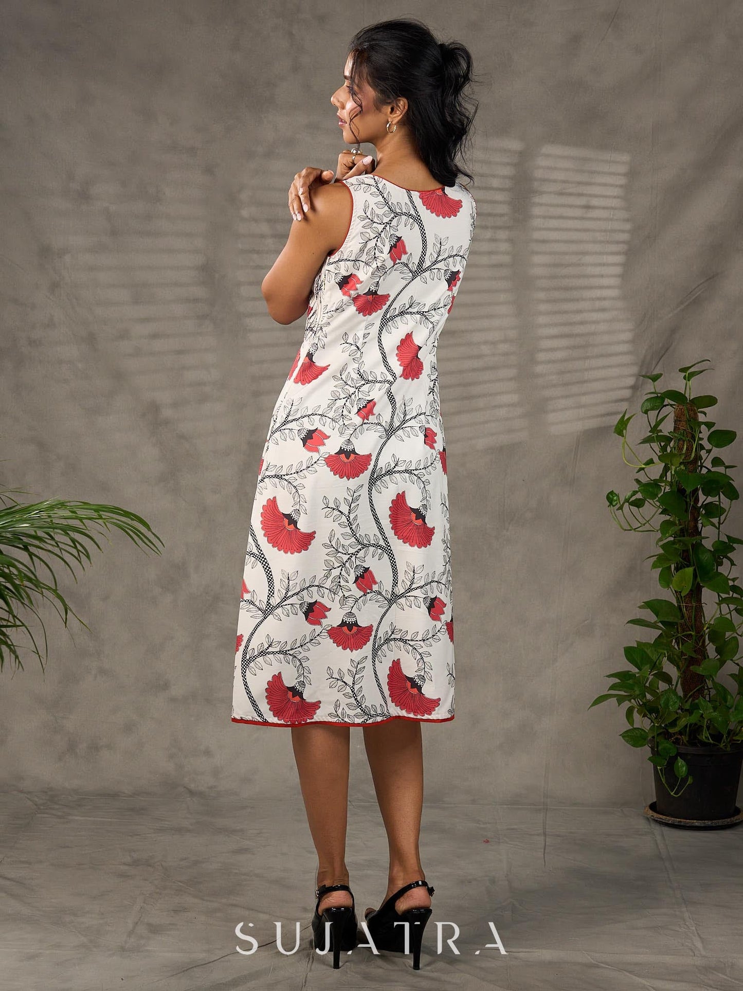 White and orange Kalamkari printed dress with elegant pintuck detailing