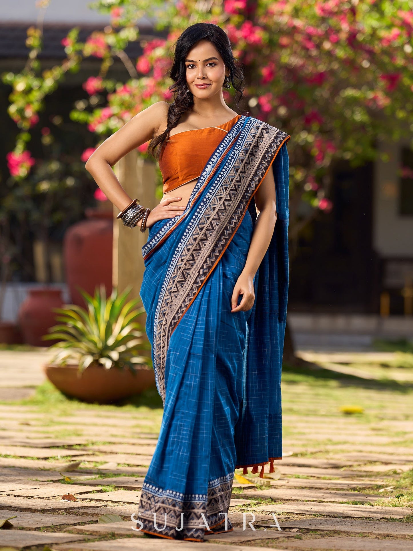 Elegant Blue Saree with Geometric Kalamkari Border and Contrasting Orange Accents
