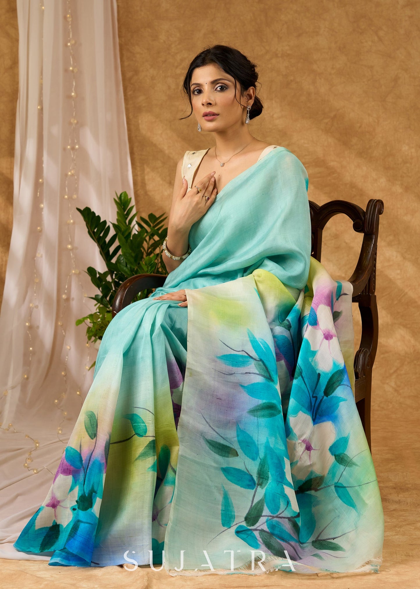 Sky Blue Hand Painted Pure Silk Saree