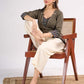 Grey Cotton Contemporary Top with Ikat Yoke, Cuffs and Kantha Stitch Detail