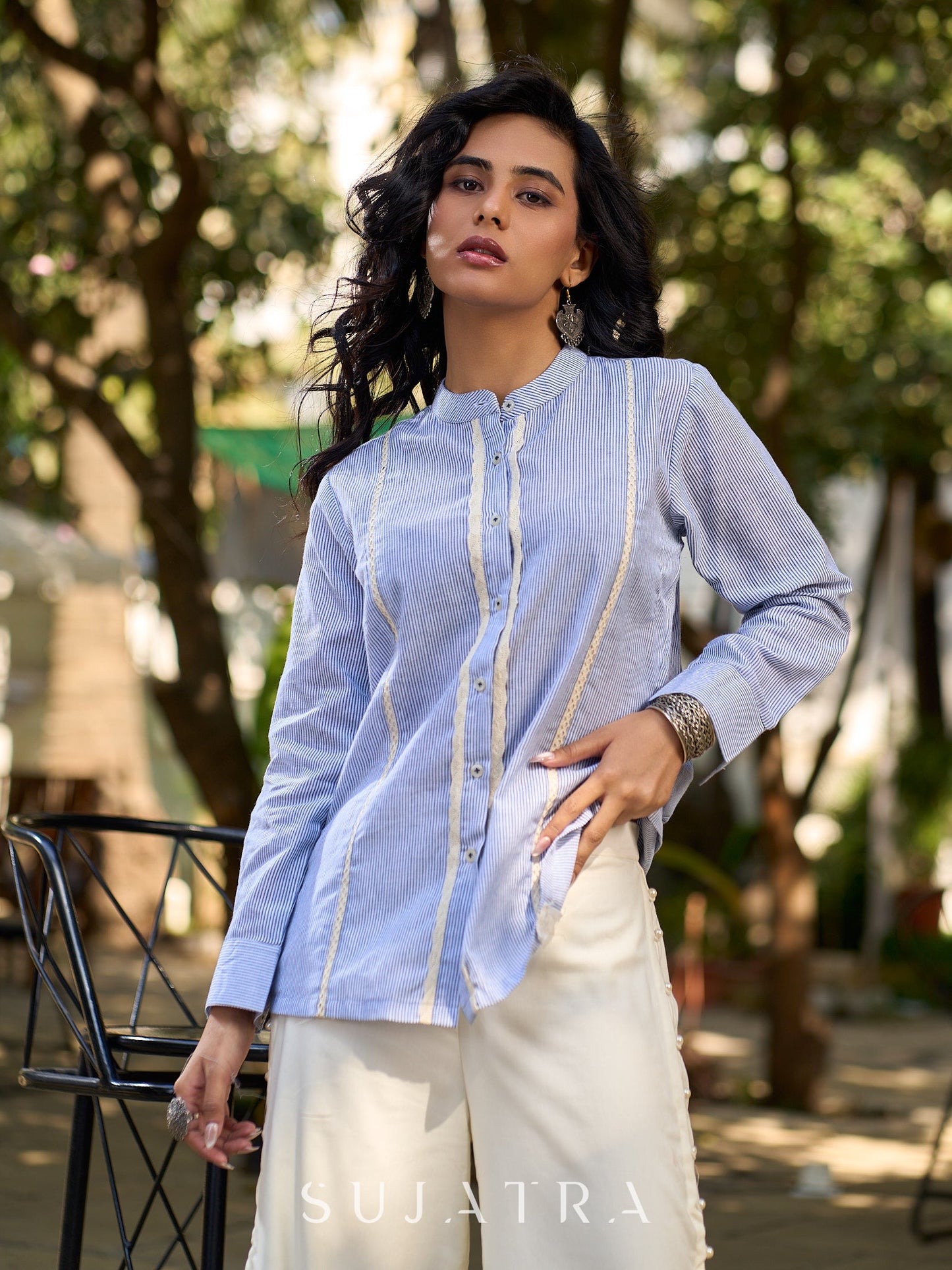 Light Blue Cotton Striped Shirt with Soft Lace Touches