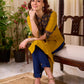 Bright Mustard Cotton Straight Kurta with Dark Blue Floral Yoke Detail