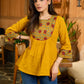 Handcrafted Mustard Cotton Top with Floral Print Pintucks Yoke and Sleeves