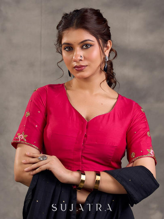 Hot Pink Cotton Silk Blouse with Floral Embroidery on Sleeves & Back