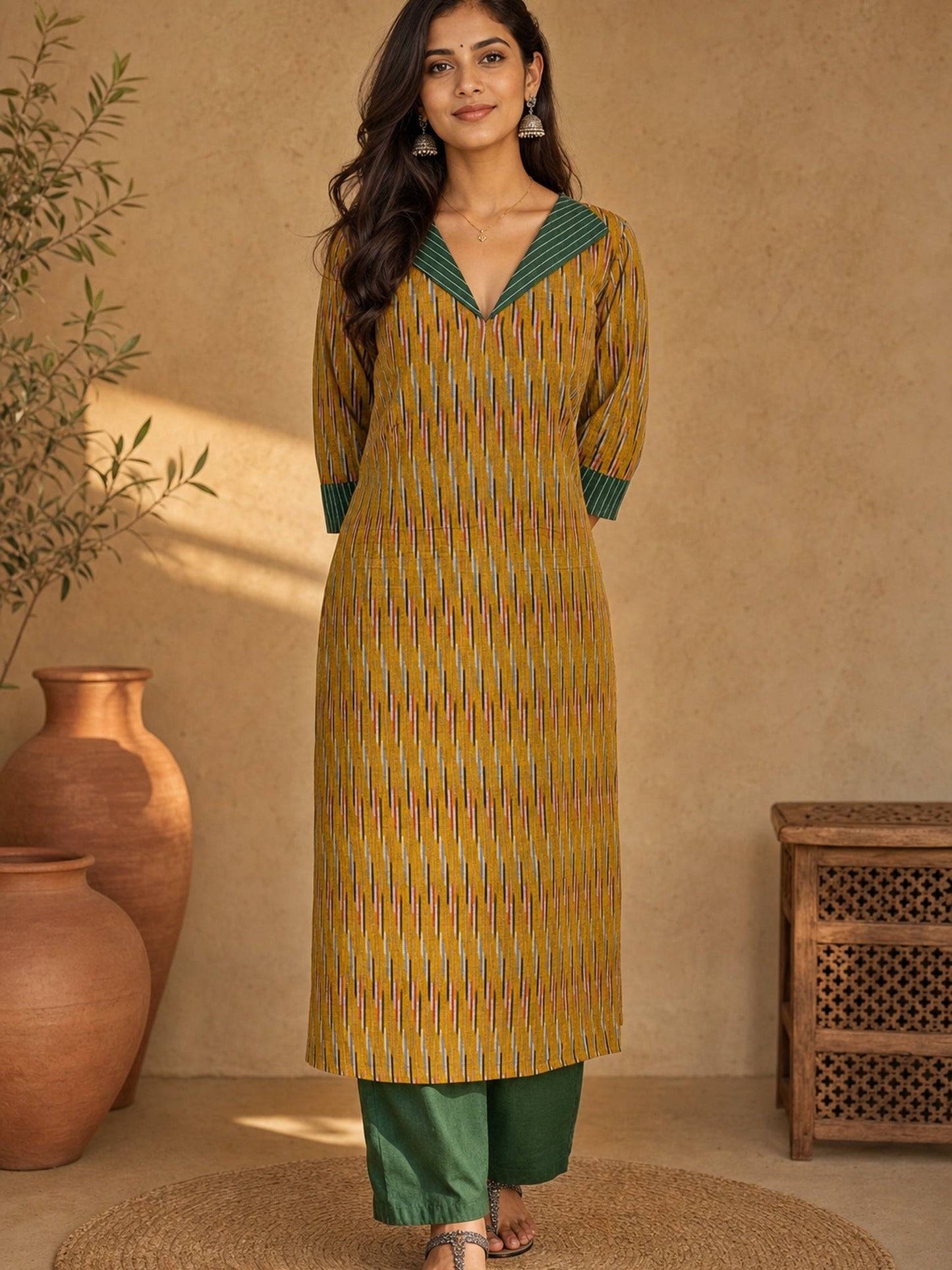 Classic Mustard Ikat Cotton Kurta with Contrasting Collar & Cuff