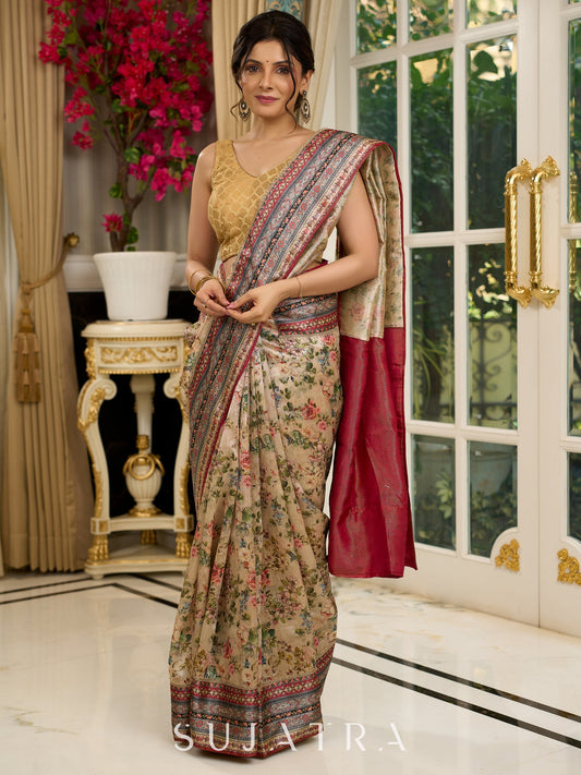 Graceful floral printed saree with intricate border, ideal for weddings and celebrations