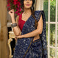 Elegant Indigo pure chanderi saree with geometric hand block prints & zari border
