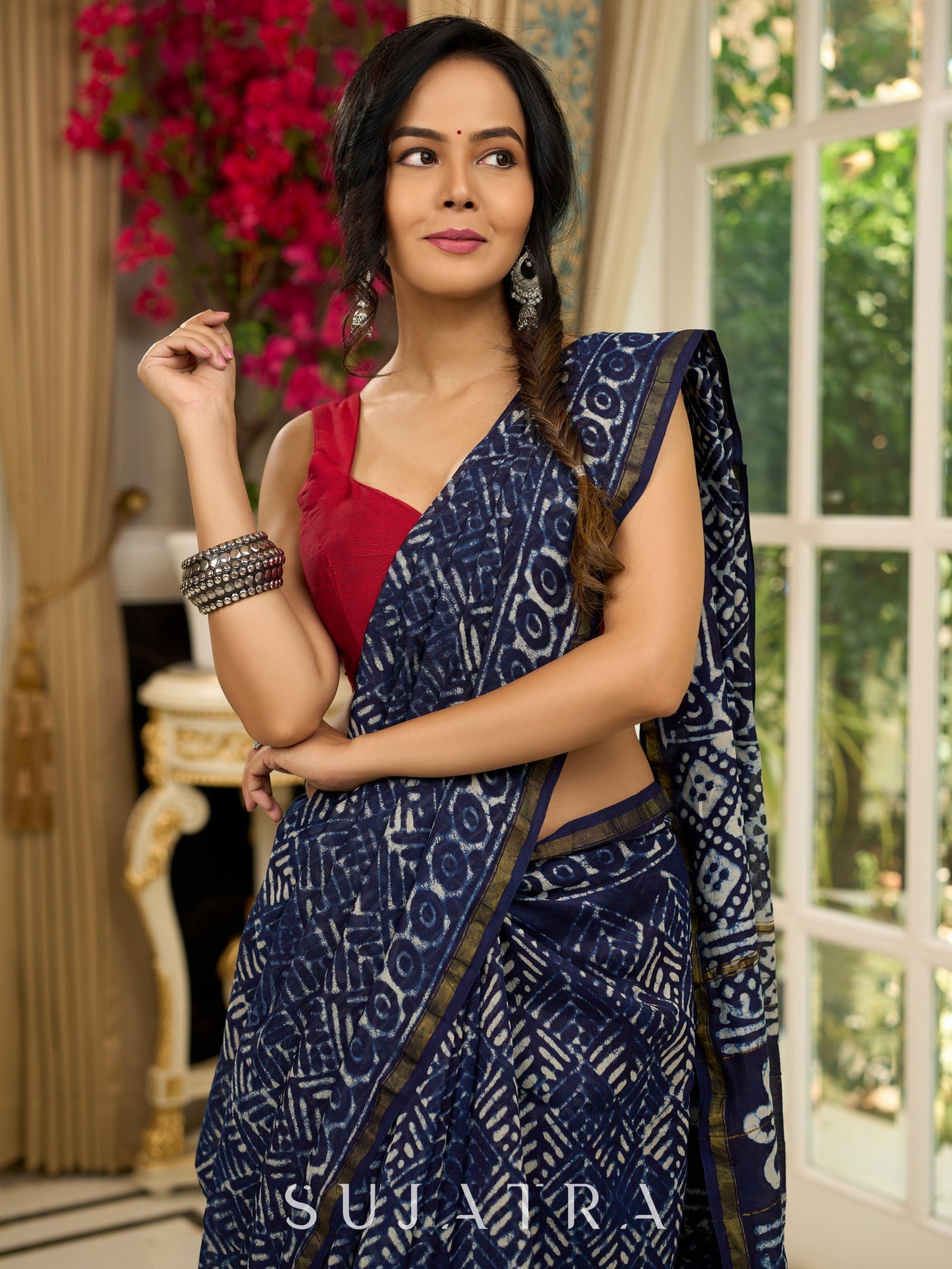 Elegant Indigo pure chanderi saree with geometric hand block prints & zari border