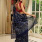 Elegant Indigo pure chanderi saree with geometric hand block prints & zari border