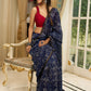 Elegant Indigo pure chanderi saree with geometric hand block prints & zari border