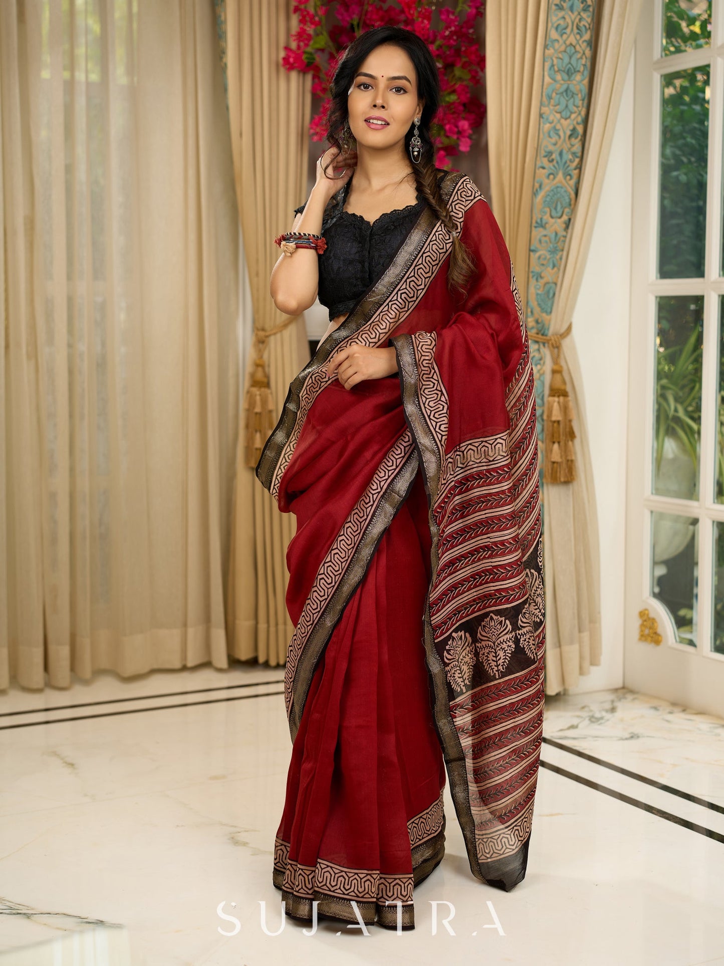 Maheshwari saree in deep crimson with antique block printed pallu & Zari border