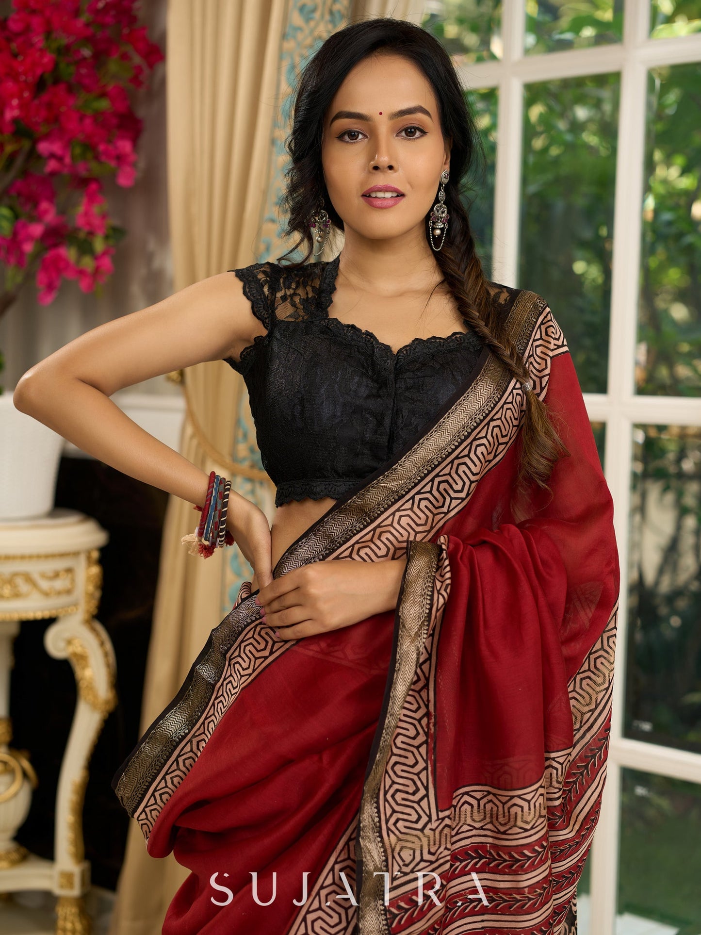 Maheshwari saree in deep crimson with antique block printed pallu & Zari border