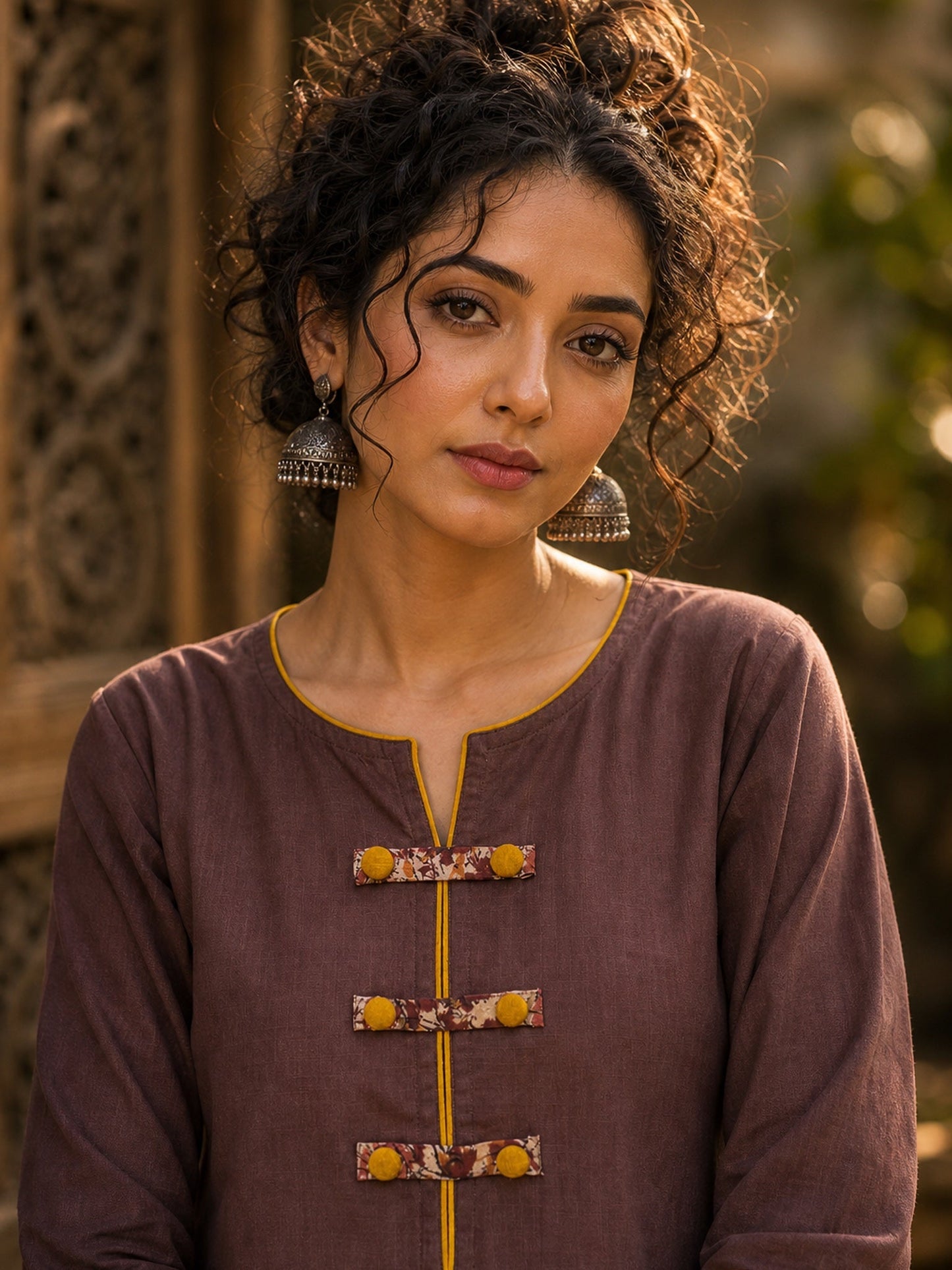 Earthy Brown Cotton Kurta with Statement Kalamkari Block Print Cuffs & Mustard Piping