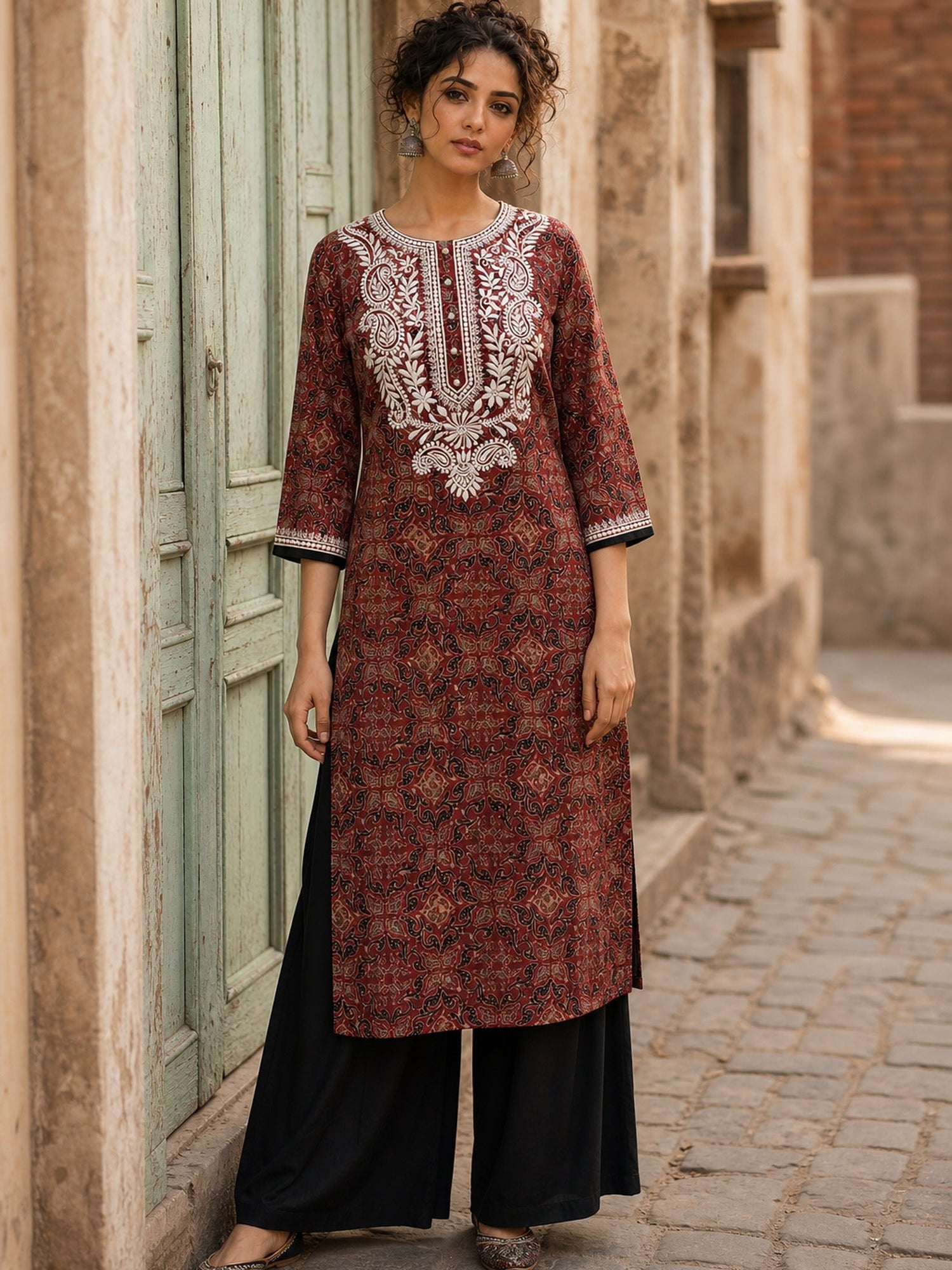 Elegant Maroon Ajrakh Print Kurta with White Embroidery