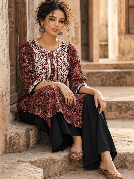 Elegant Maroon Ajrakh Print Kurta with White Embroidery