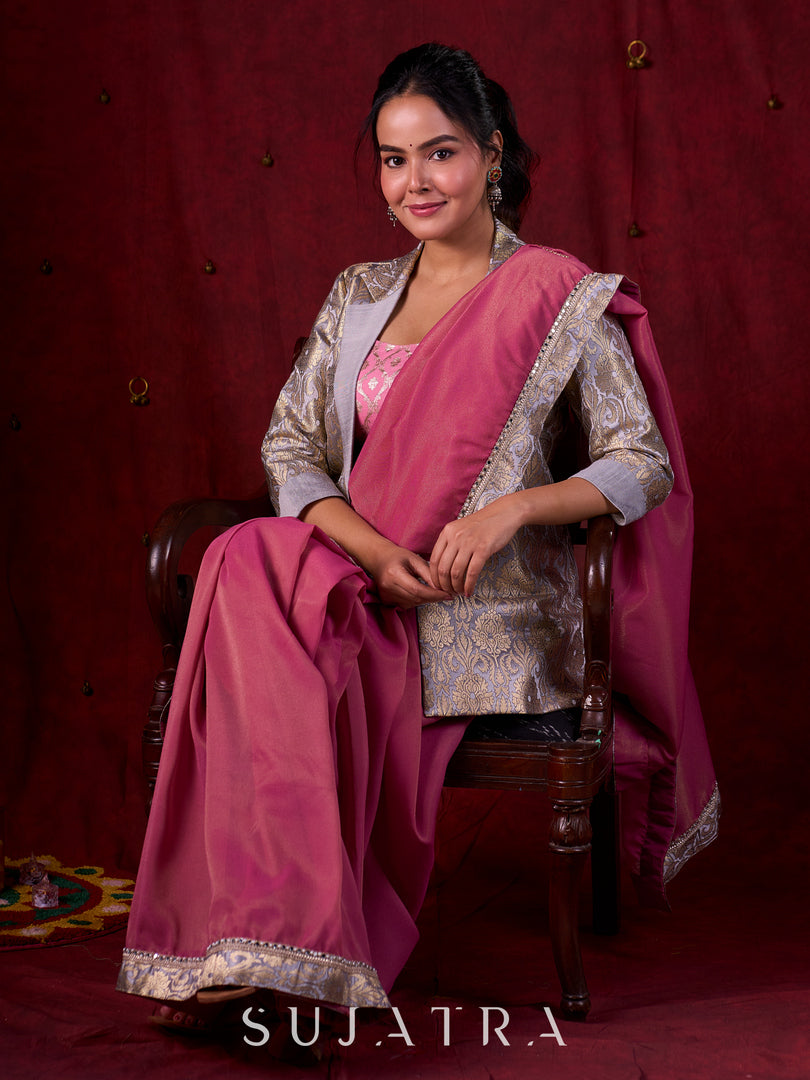 Elegant Grey Brocade Blazer with Tailored Finish & Subtle Shine