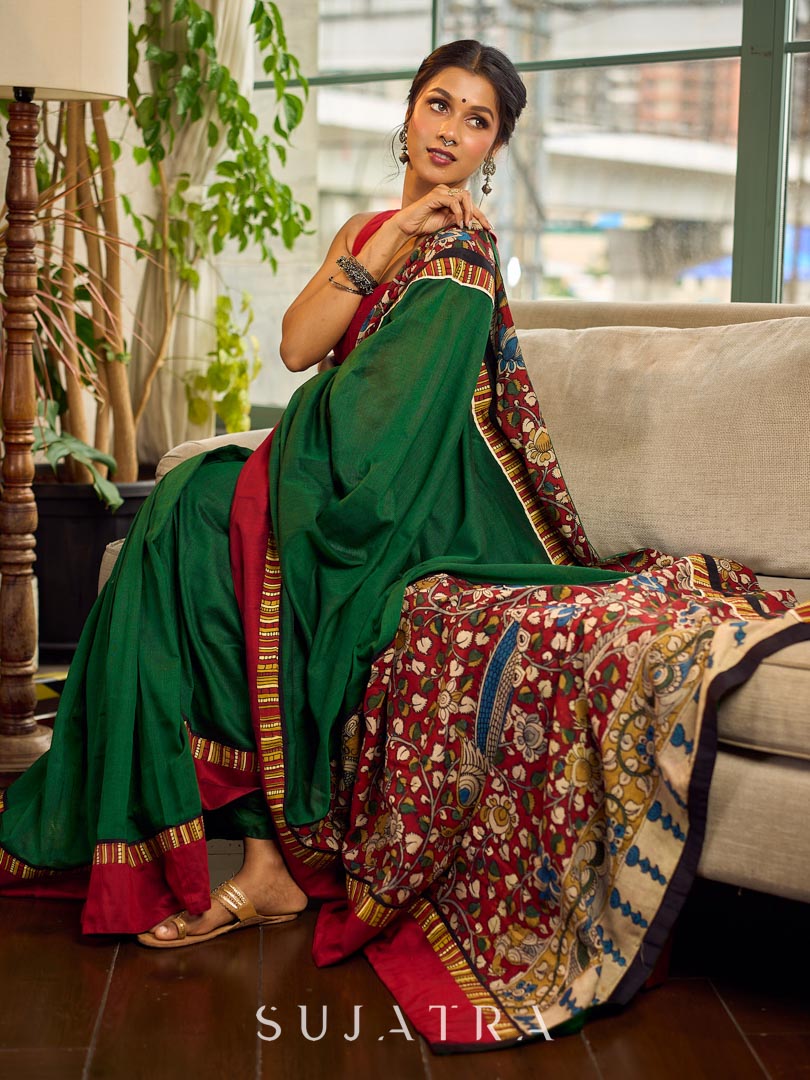 Classic Bottle Green Cotton Saree with Contrast Maroon Border & Hand Painted Pen Kalamkari Pallu
