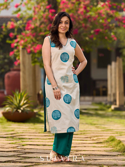 Minimal Off-White Cotton Kurta featuring Teal Hand Block Elephant Motifs