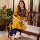Bright Mustard Cotton Straight Kurta with Dark Blue Floral Yoke Detail