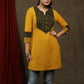 Elegant mustard cotton tunic with ajrakh combination on yoke and sleeves