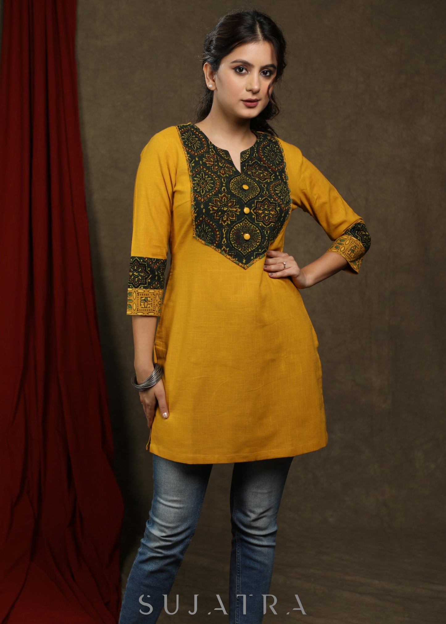 Elegant mustard cotton tunic with ajrakh combination on yoke and sleeves
