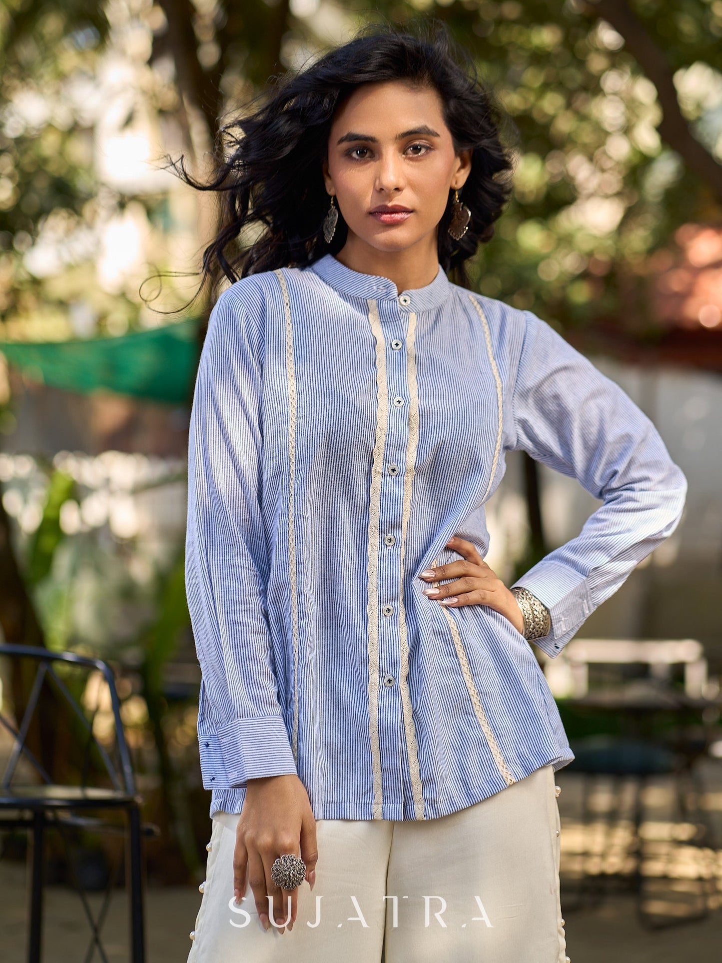 Light Blue Cotton Striped Shirt with Soft Lace Touches