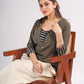 Grey Cotton Contemporary Top with Ikat Yoke, Cuffs and Kantha Stitch Detail