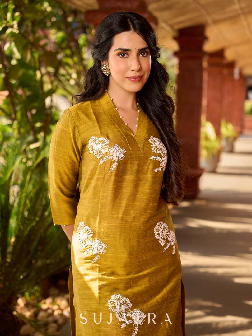 Timeless Mustard Cotton Silk Kurta with Graceful Chikankari Hand Embroidery