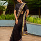 Vibrant Black Georgette Saree with Golden Zari Border & Kalamkari Floral Print Pallu & Border