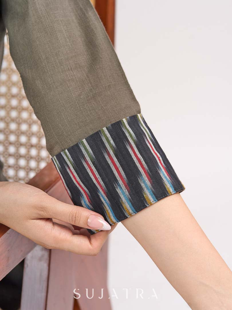 Grey Cotton Contemporary Top with Ikat Yoke, Cuffs and Kantha Stitch Detail