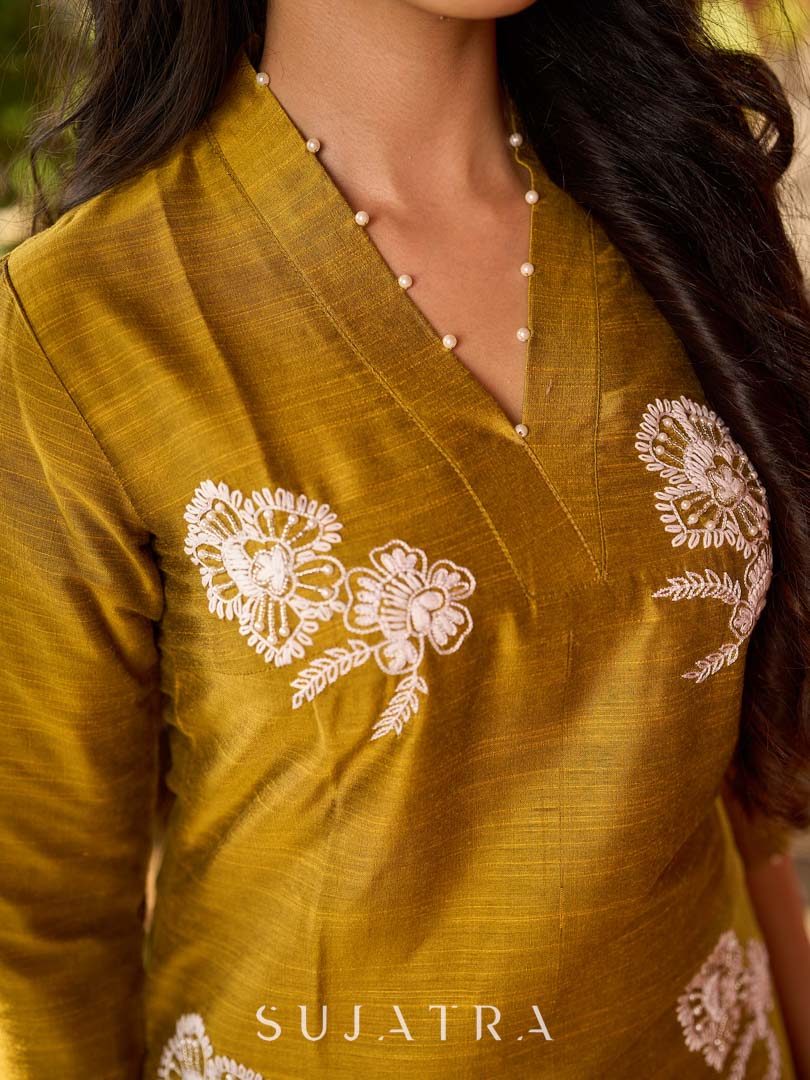 Timeless Mustard Cotton Silk Kurta with Graceful Chikankari Hand Embroidery